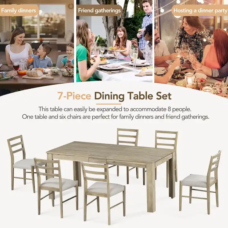 7-Piece Wooden Extendable Dining Table Set with 12 Leaf and 2 Drawers, 6 Chairs