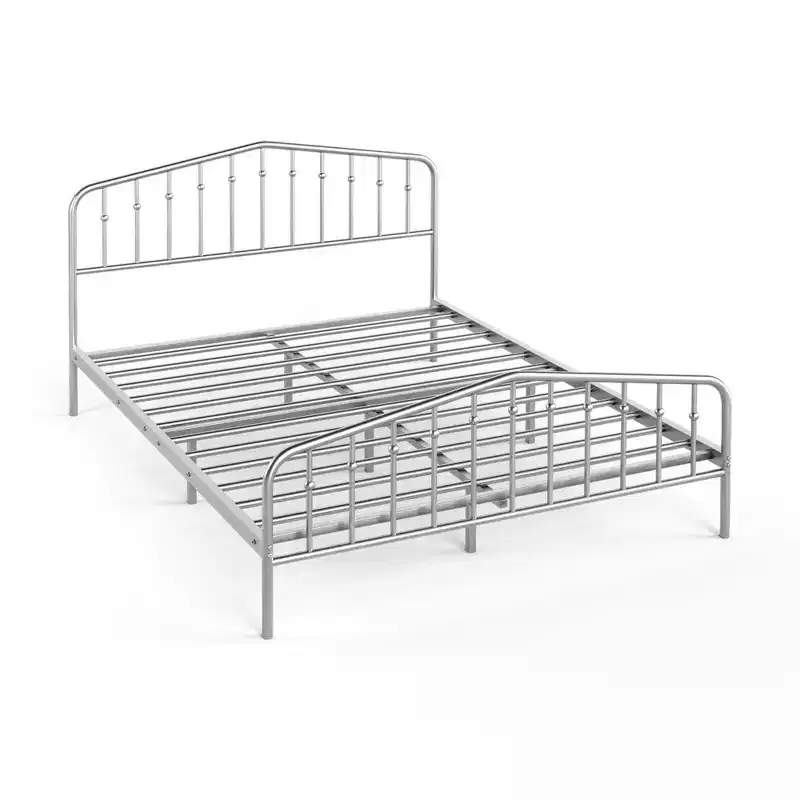 Queen Size Metal Bed Frame Platform Headboard & Footboard W/Storage Sliver