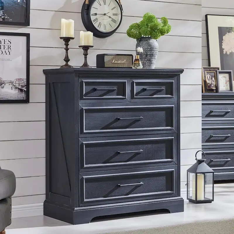 Farmhouse 5 Drawer Dresser for Bedroom, Modern Chest of Drawers