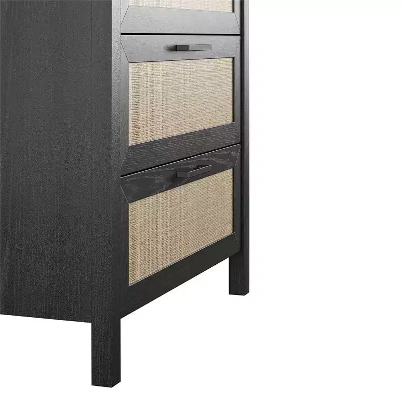 Brown Woodgrain Boho 5-Drawer Dresser with Rattan Inserts (2-Person Assembly)