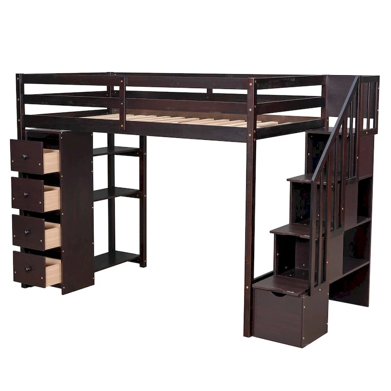 Twin Size Wooden Loft Bed with Storage Drawers and Stairs with Shelves