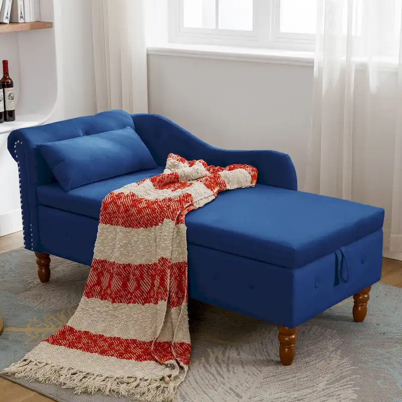 Chaise Lounge Indoor,Velvet Lounge Chair for Bedroom with Storage & Pillow,Modern Upholstered Rolled Arm Chase Lounge