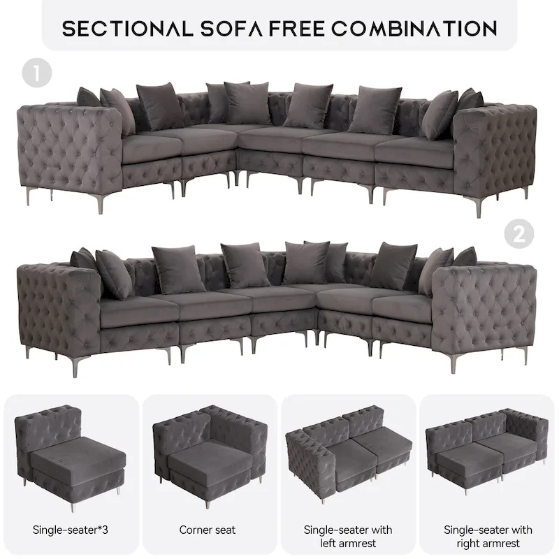 Large L-Shaped Modular Sofa, 6-Seat Velvet Sectional Couch