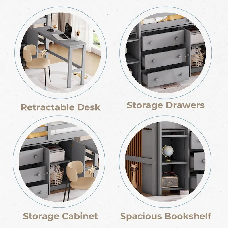 Grey Twin Wood Low Loft Bed with Pull-Out Desk & Drawers