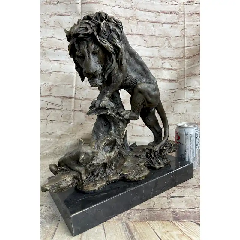 Male Imitative Lion W/ Cub Bronze Statue Sculpture Figure Barye Decor 14 Inches X 12 Inches
