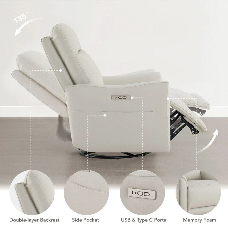 Farley Power Swivel Genuine Leather Recliner Chair Nursery Glider