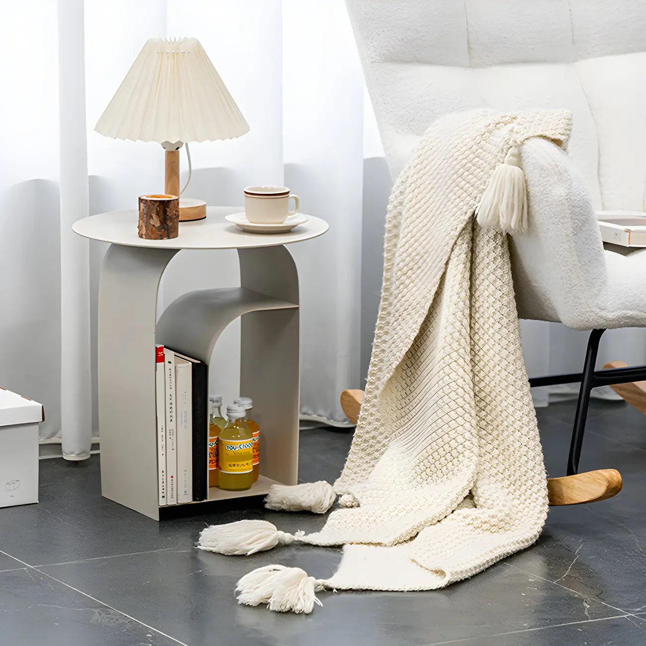 Industrial Narrow White Metal Bedside Table with Round Top