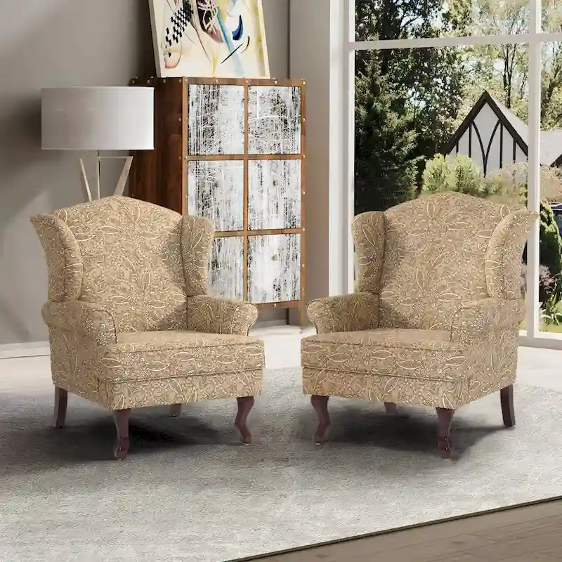 2 Set Traditional Wingback Accent Chairs Upholstered Armchair