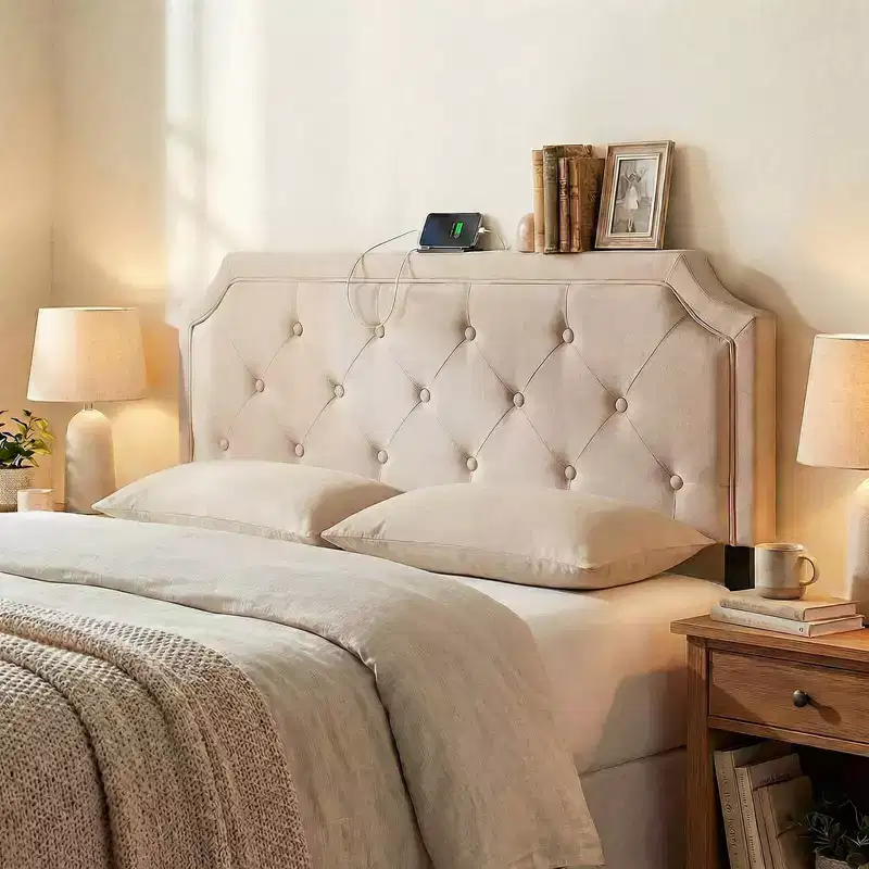 Beige/Gray Tufted Upholstered Headboard with Charging Station, Full/Queen
