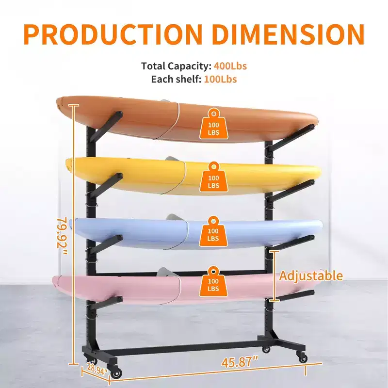 VIYET 80H Freestanding Kayak Storage Rack, Heavy-Duty Adjustable Stand with Lockable Wheels, Holds 4 Kayaks/Canoe/SUP/Surfboard (Black)