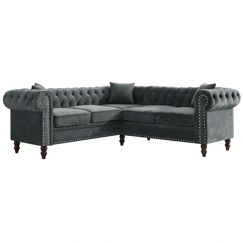 Deep Button Rolled Arm Classic Chesterfield L Shaped Sectional Sofa