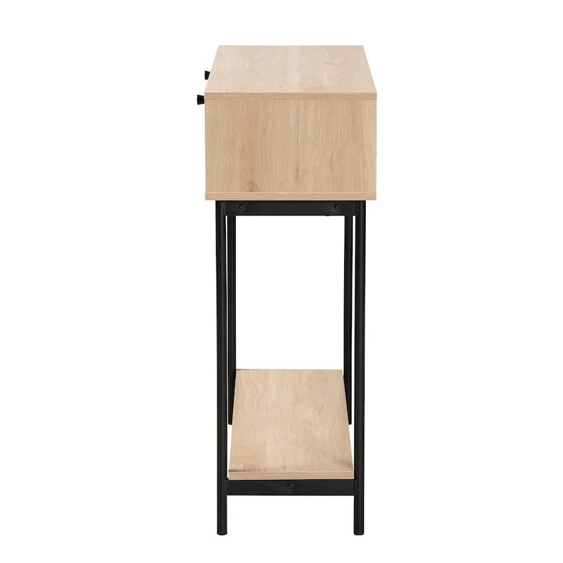 Sherwin Mid-Century Modern Light Brown and Black 2-Drawer Console Table with Woven Rattan Accent