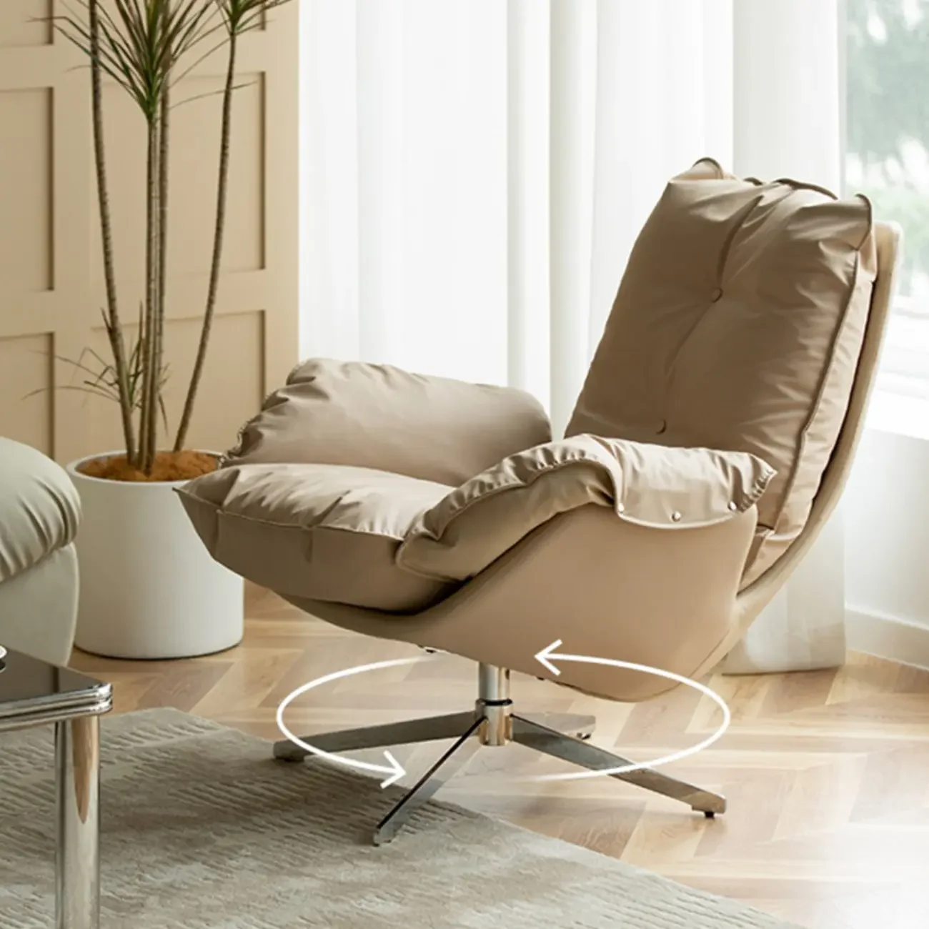 Modern Beige Leather Accent Armchair with Swivel
