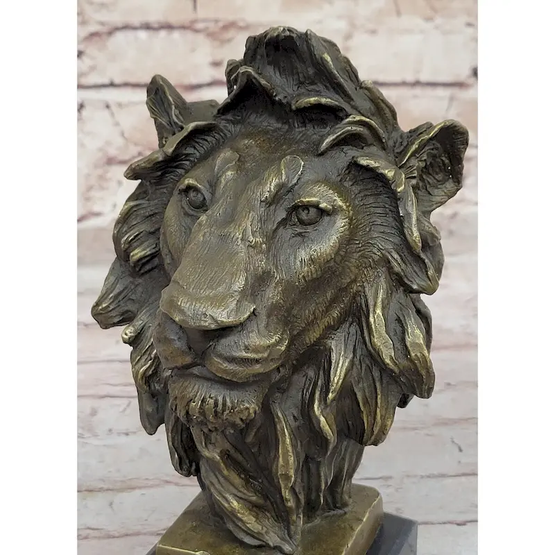 Male Lion Bronze Bust Statue Sculpture Figure On Black Marble Base Signed Barye 9 Inches X 4 Inches