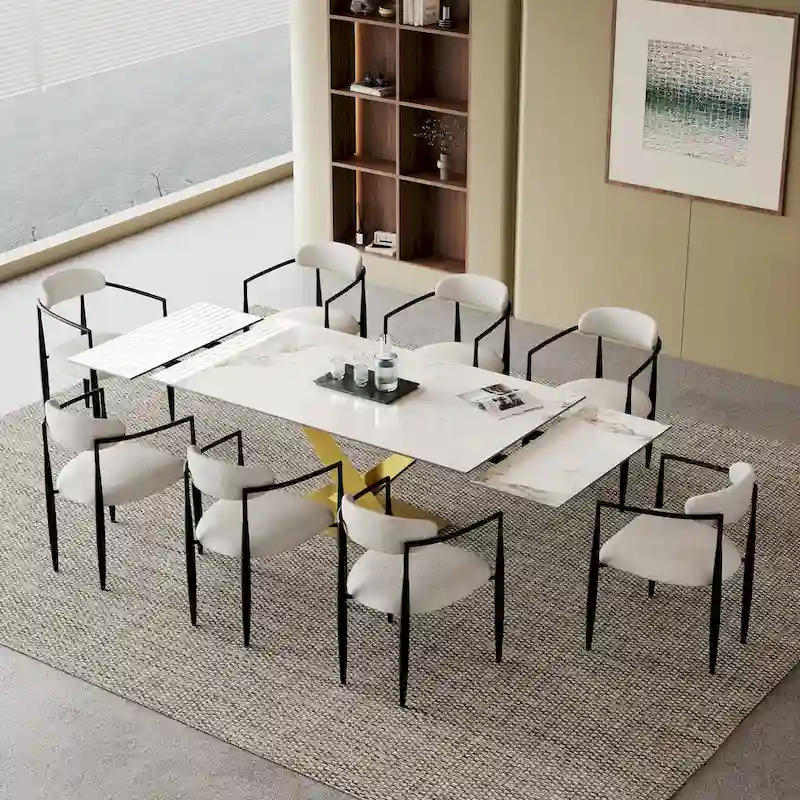 9-Piece Extendable Sintered Stone Dining Set with 8 Fabric Chairs - 94.48