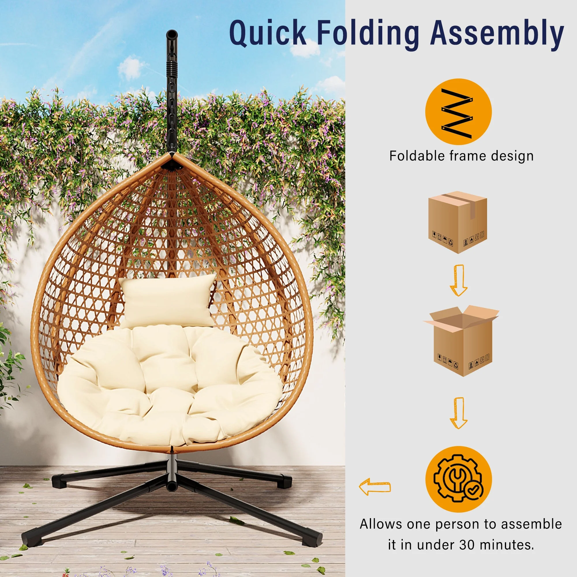 Rattan Weaving Hanging Egg Chair with Stand and Soft Removable Cushion