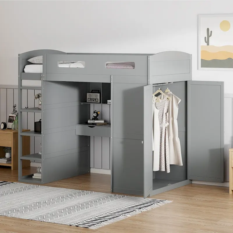 Merax Loft Bed with Desk, Wardrobes, 4 Drawers and 4 Shelves