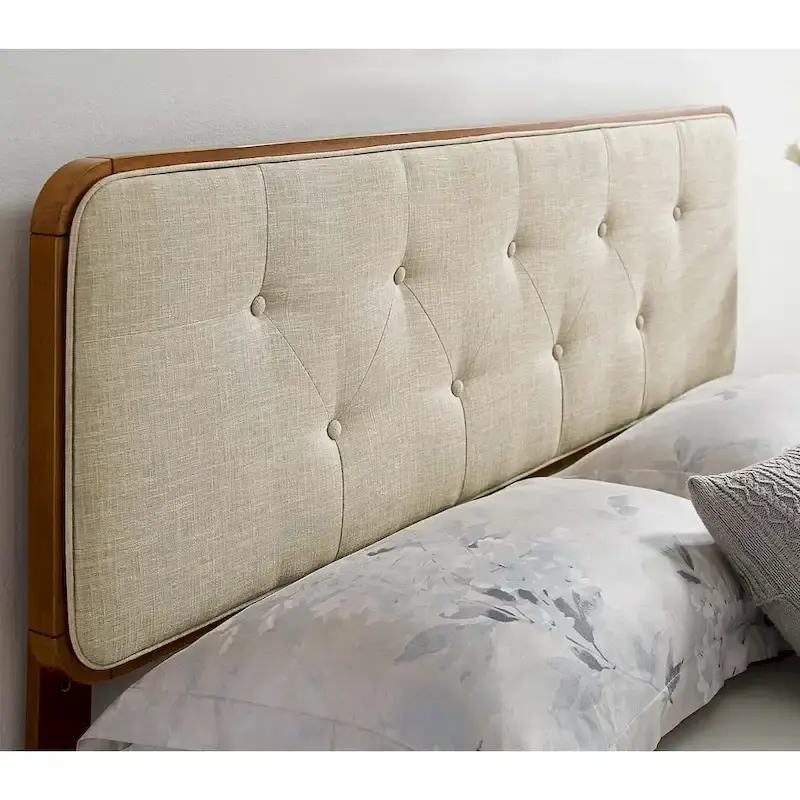 Traditional Beige Fabric Button Tufted King Walnut Wooden Headboard