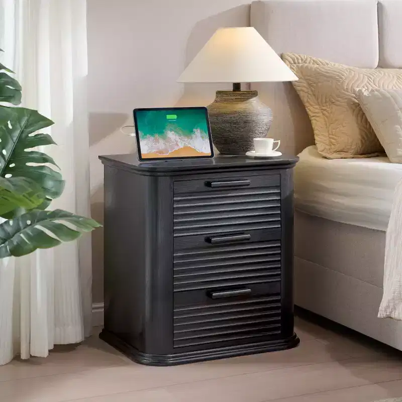 Black Modern Nightstand with Charging Station, 3-Drawer, 1-Piece