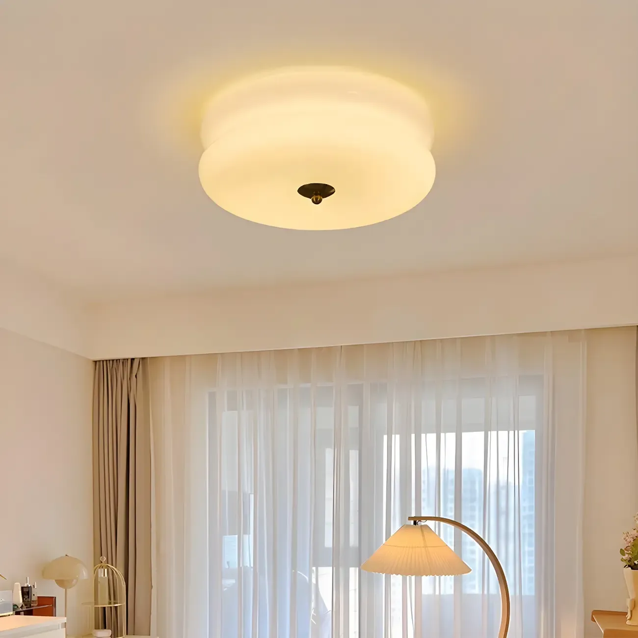 Modern Creamy Round Double-Tier Glass LED Flush Ceiling Light