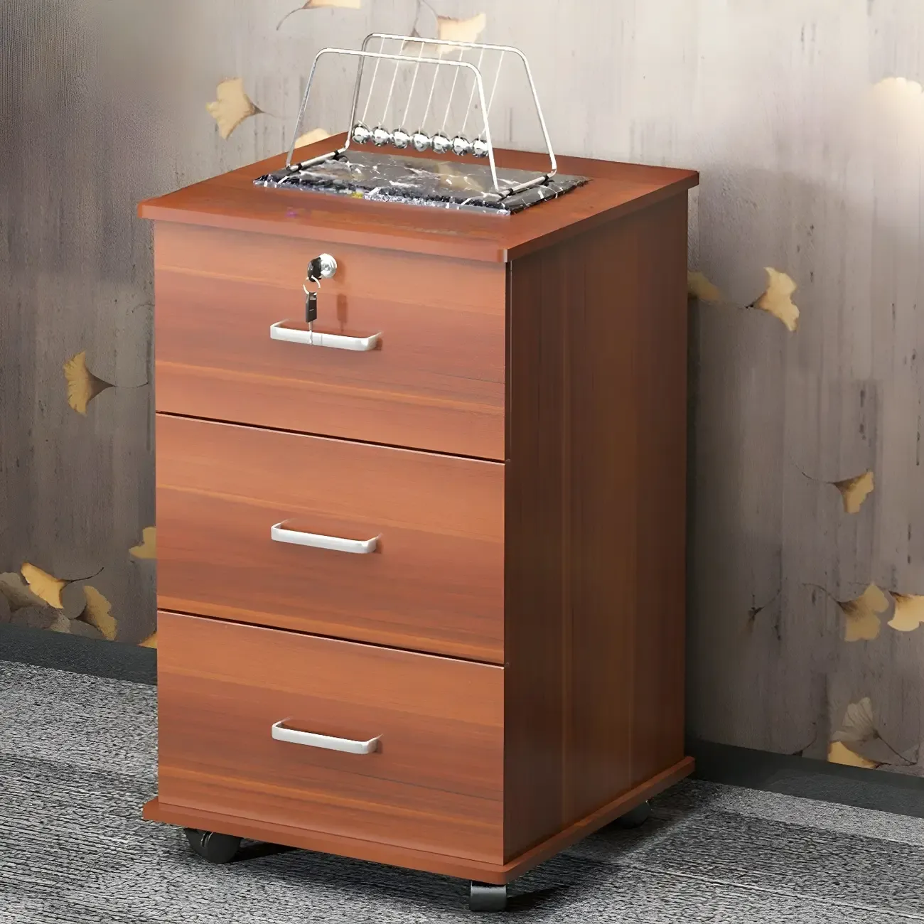 Lokable Brown-White Wood 3 Drawers Mobile Filing Cabinet