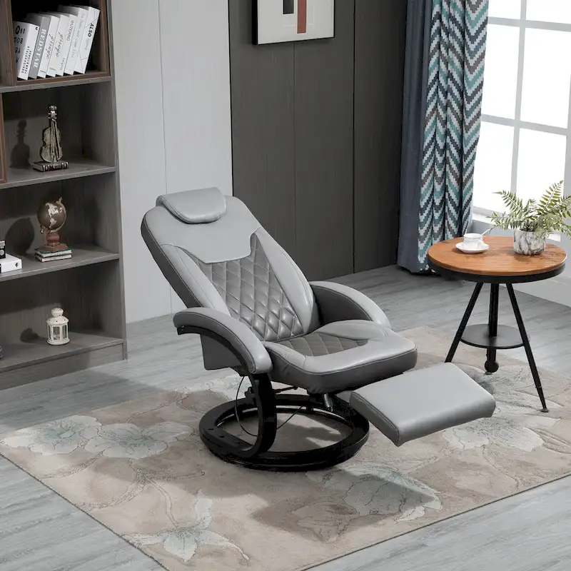 HOMCOM PU Recliner Reading Armchair with Footrest, Headrest and Round Steel/Wood Base for Living Room or Office, Grey