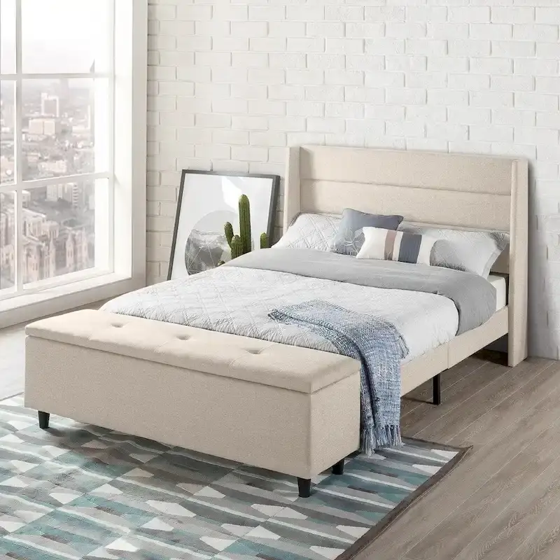 Beige Upholstered Platform Bed with Storage Ottoman By Crown Comfort