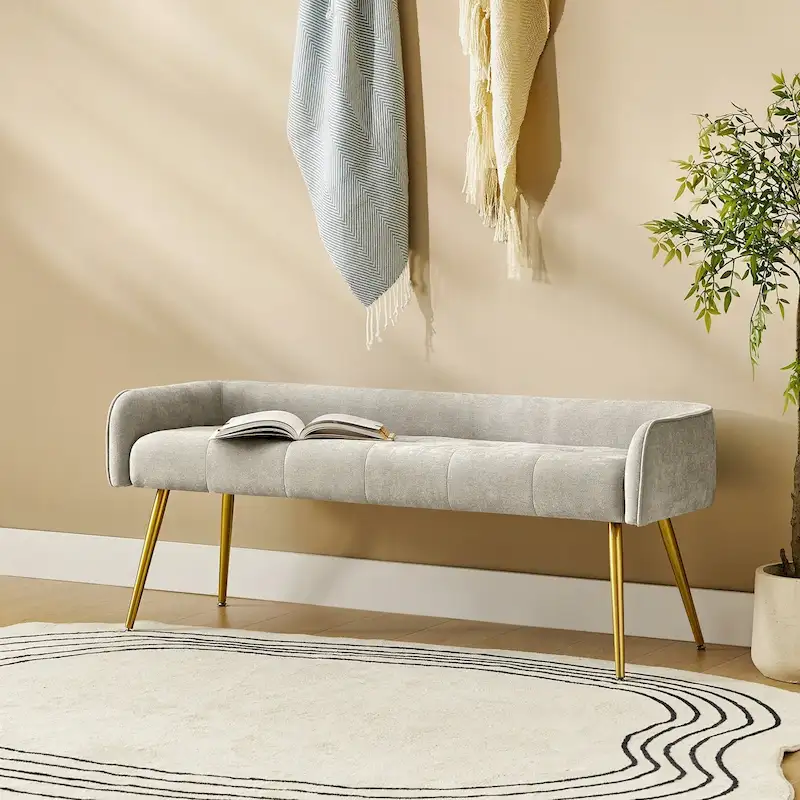 Luis Modern Upholstered Low Back Bench with Sturdy Golden Metal Tapered Leg by HULALA HOME
