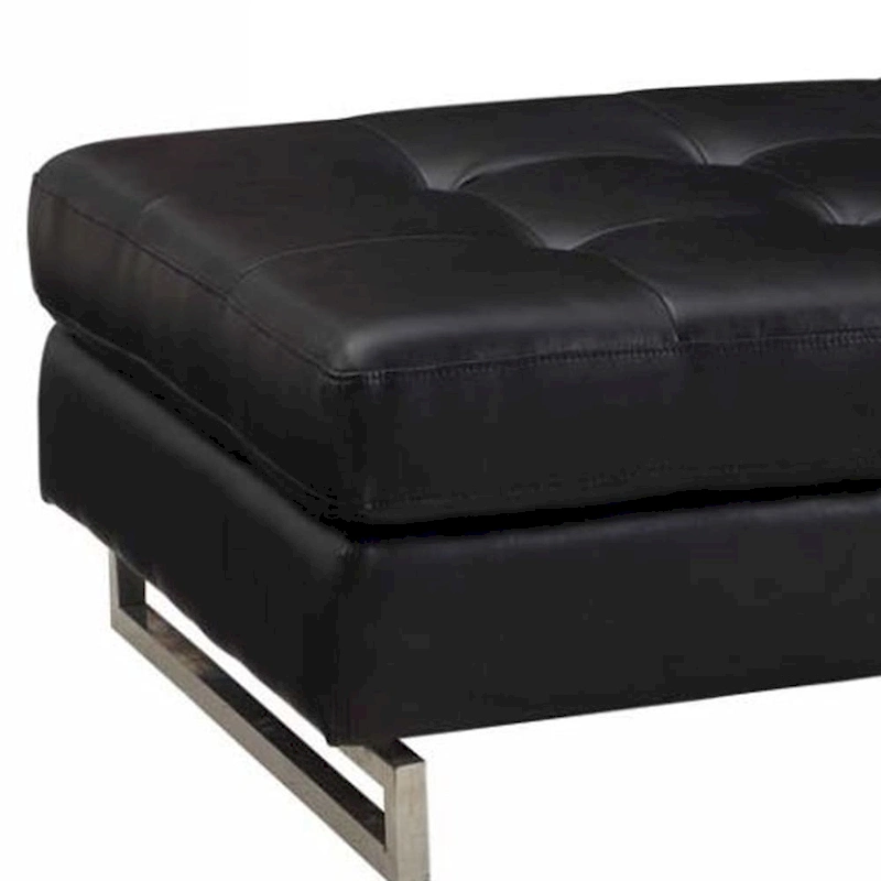 HomeRoots 63 Black Tufted Faux Leather and Silver Ottoman