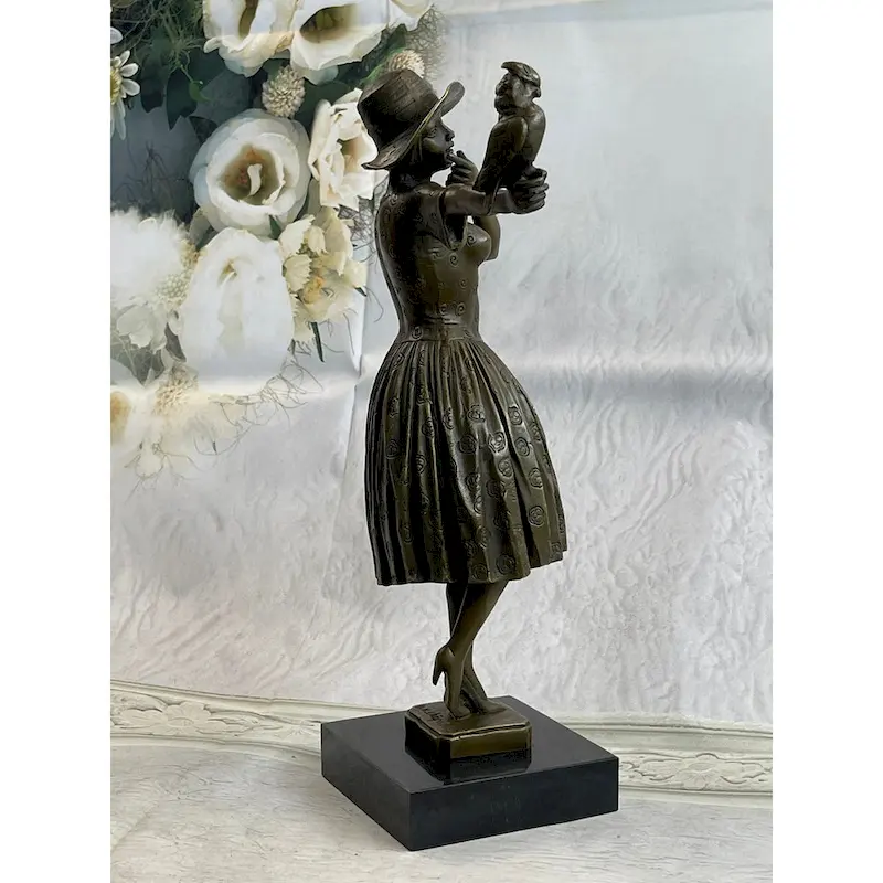 100 Percent Solid Bronze Sculpture Lady With Bird Signed Real Art Hot Cast Figurine Lrg