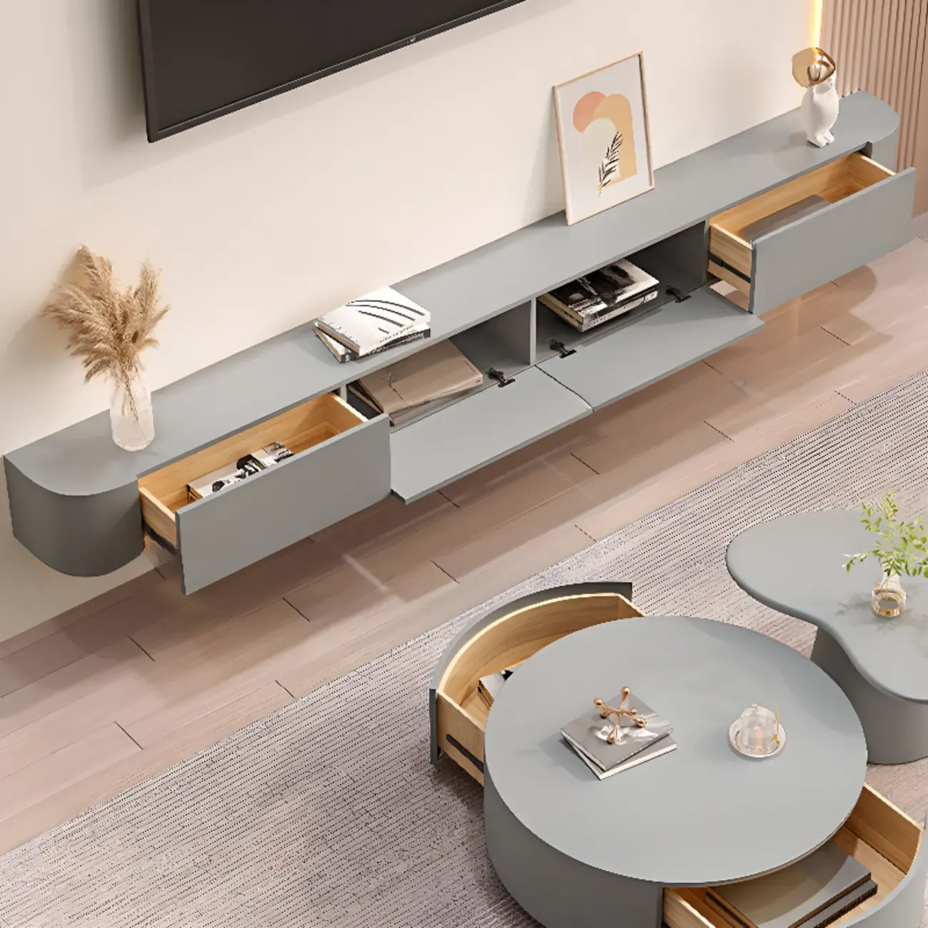 87 Grey Solid Wood Long Floating TV Stand with Drawers