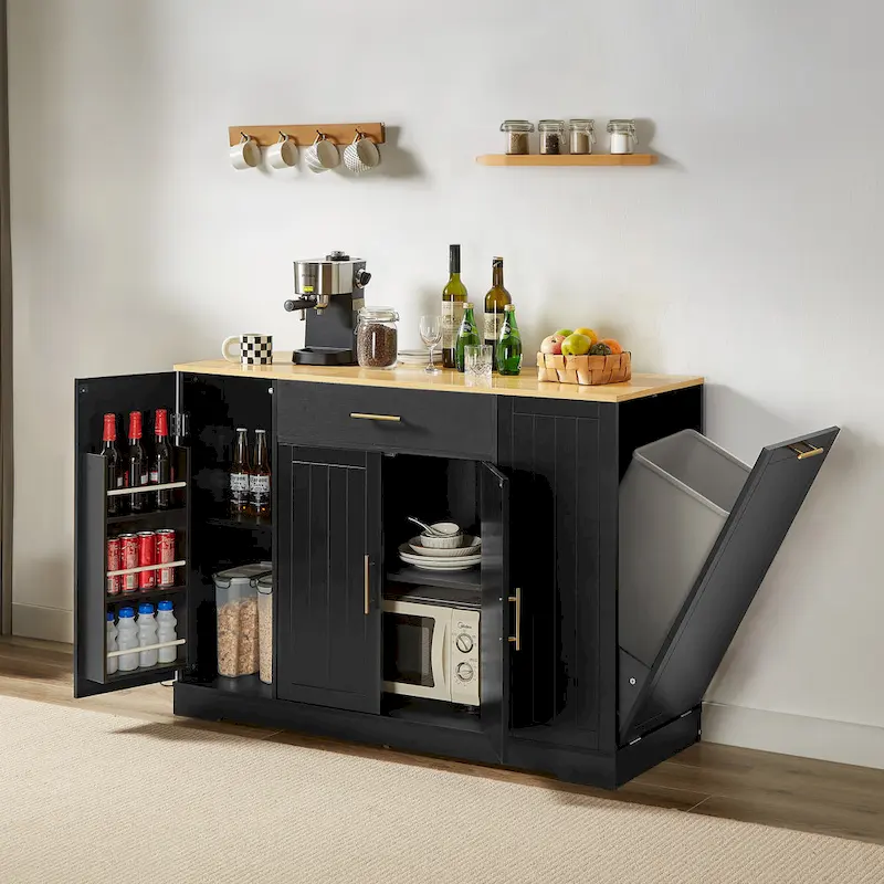 Kitchen Island with Tilt Out Trash Can Holder, Mobile Islands Table with Drawer, Adjustable Shelves & 3 Layer Open Side Racks