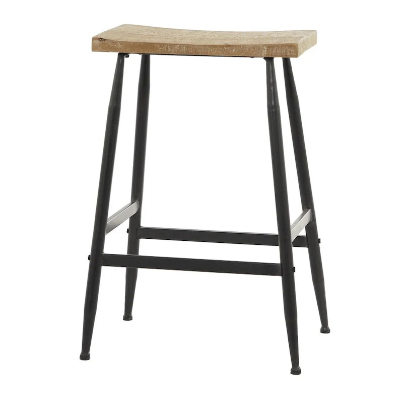 Metal Counter Stool with Brown Wood Top - Black