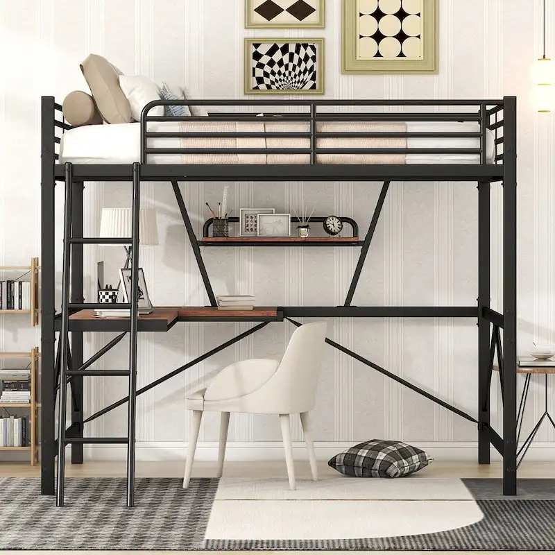 Loft Metal & MDF Bed with Desk and Shelf