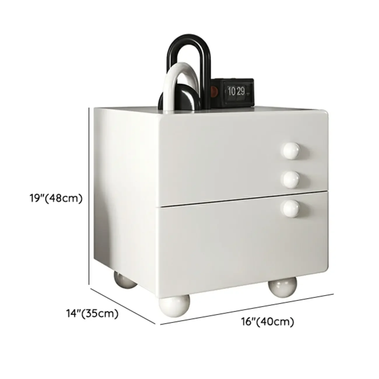 White Wood High-Gloss 2-Drawer Nightstand with Sphere Legs
