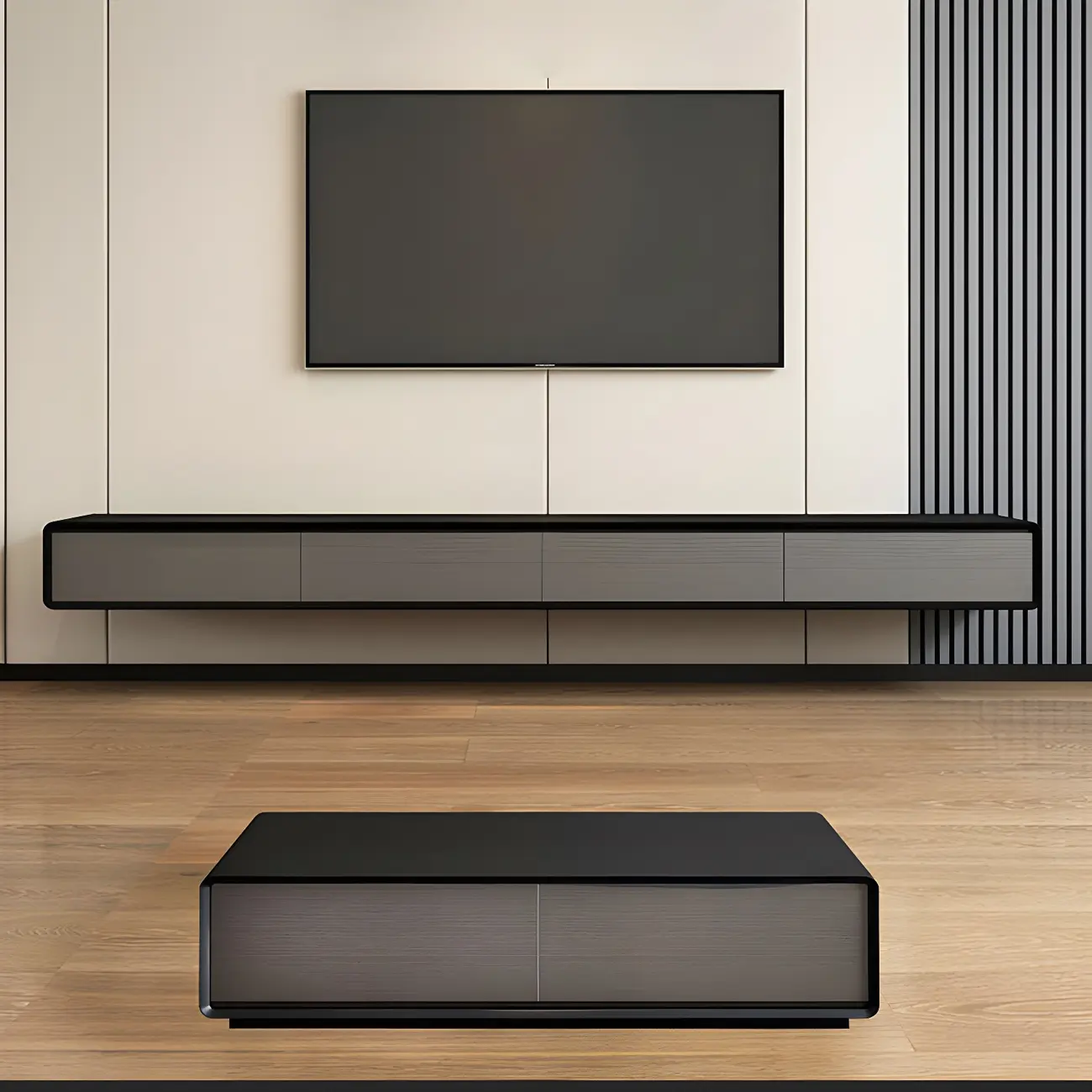 Natural Long Wood Floating TV Stand Media Consoles