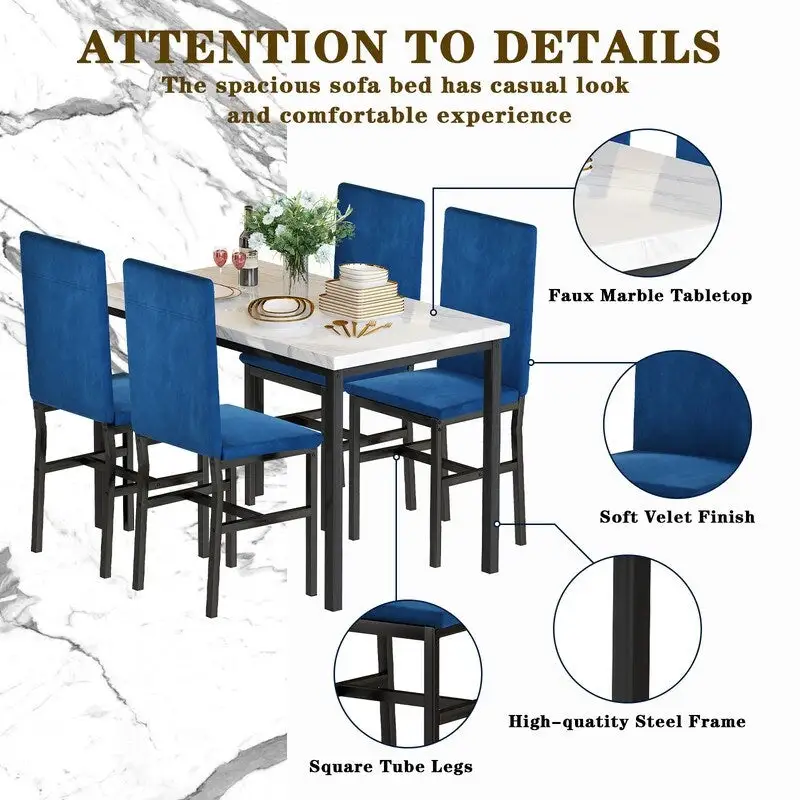 Grondin Modern Style Faux Marble Top 5-Piece Casual Dining Set with 4 Velvet Upholstered Dining Chairs