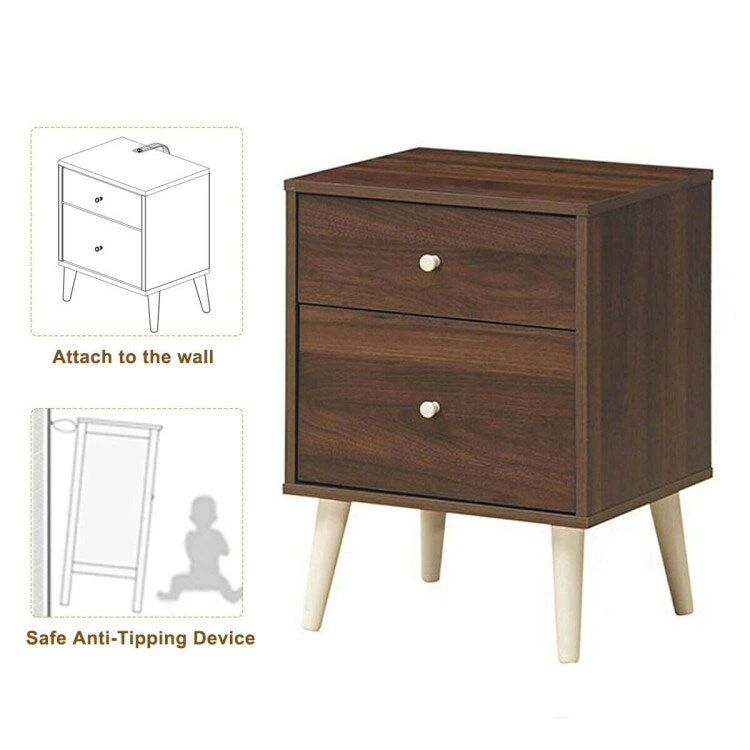 2-Drawer Nightstand Beside End Side Table with Rubber Legs-Walnut - 18 x 16 x 24.5 (L x W x H)