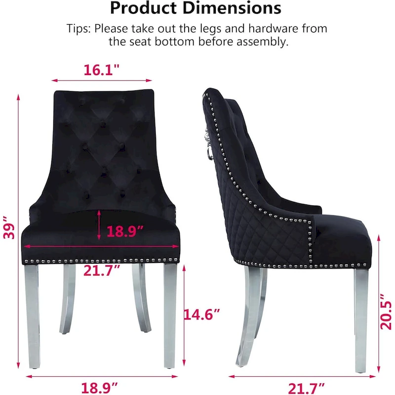Velvet Dining Chairs Set of 2, Upholstered Tufted Nailhead Dining Room Chairs with Stainless Steel Legs & Lion Head Pull Ring