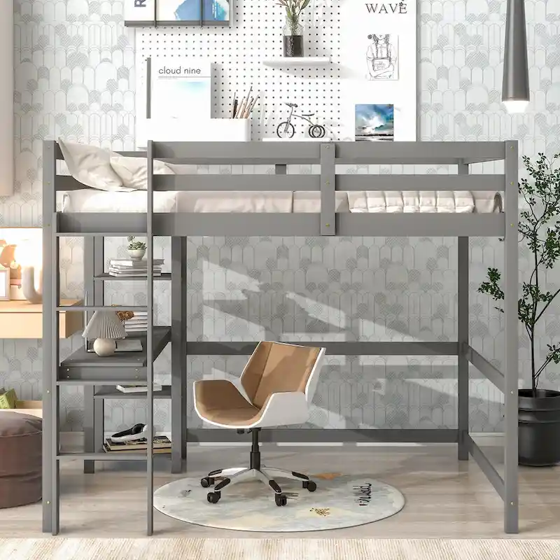 Grey Full Size Wood Loft Bed with Built-in Desk and Safety Guardrails