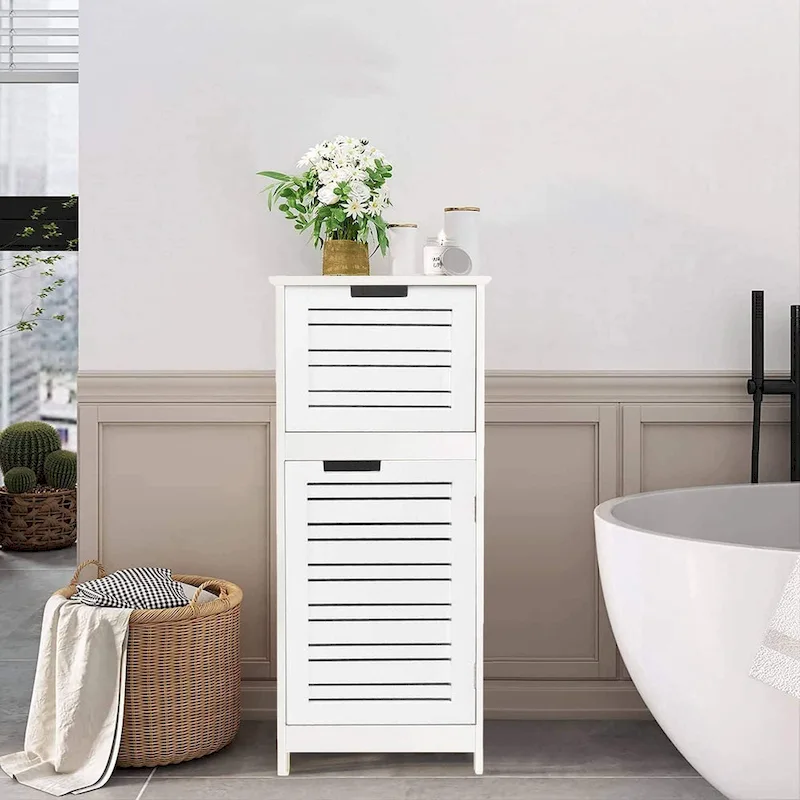 Miami White Bathroom Linen Storage Cabinet Vented Door and Drawer - 14.7L x 11.13W x 32.12H