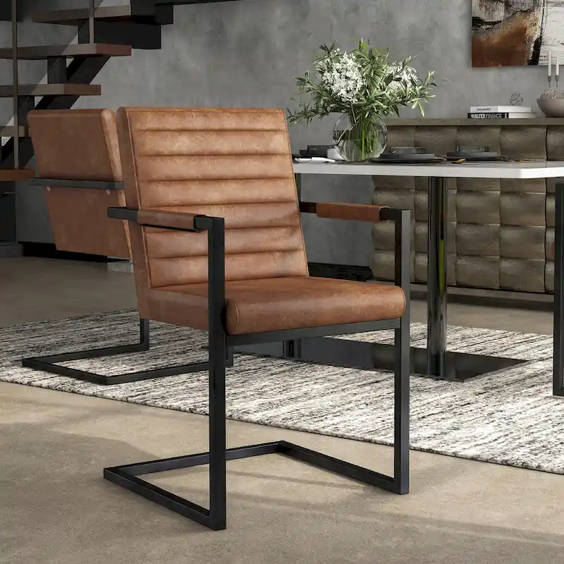 Brown Upholstered Dining Chairs with Sled Base - Set of 2