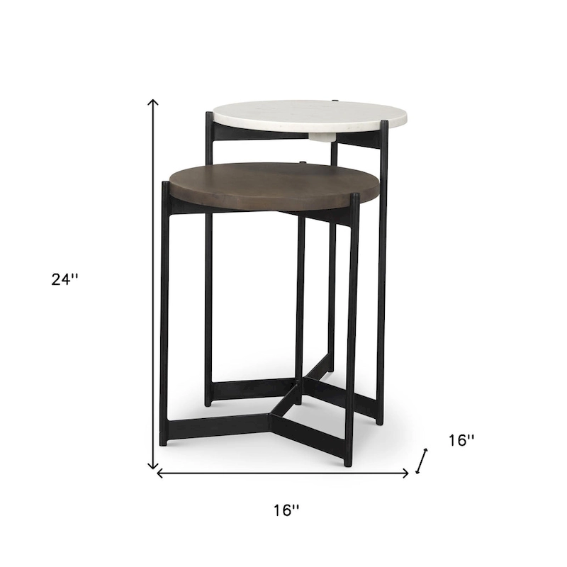 HomeRoots Set of Two Brown White and Black Marble Solid Wood and Metal Round Nested Tables - 16' X '24' X '16