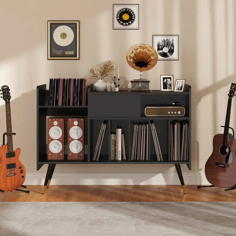 Record Player Stand with Vinyl Storage - 13.78 D x 47.24 W x 33.66 H