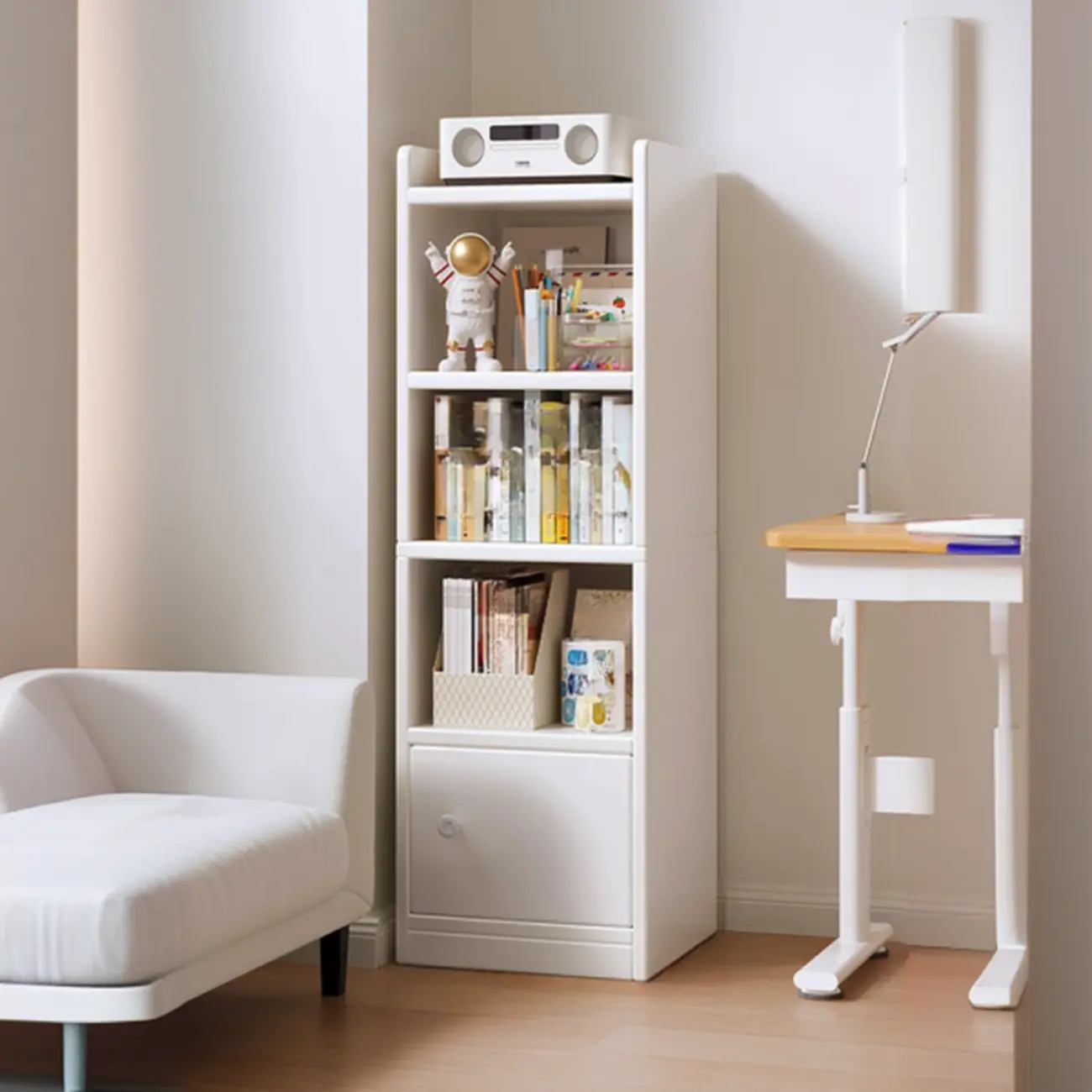 Narrow 6-Shelf White Wooden Bookcase with Cabinet
