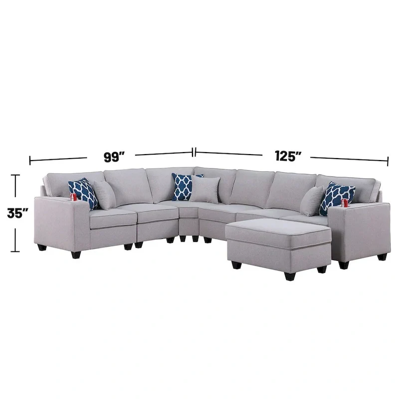 7 Piece Upholstered Reversible L-Shape Sectional Sofa in Light Gray