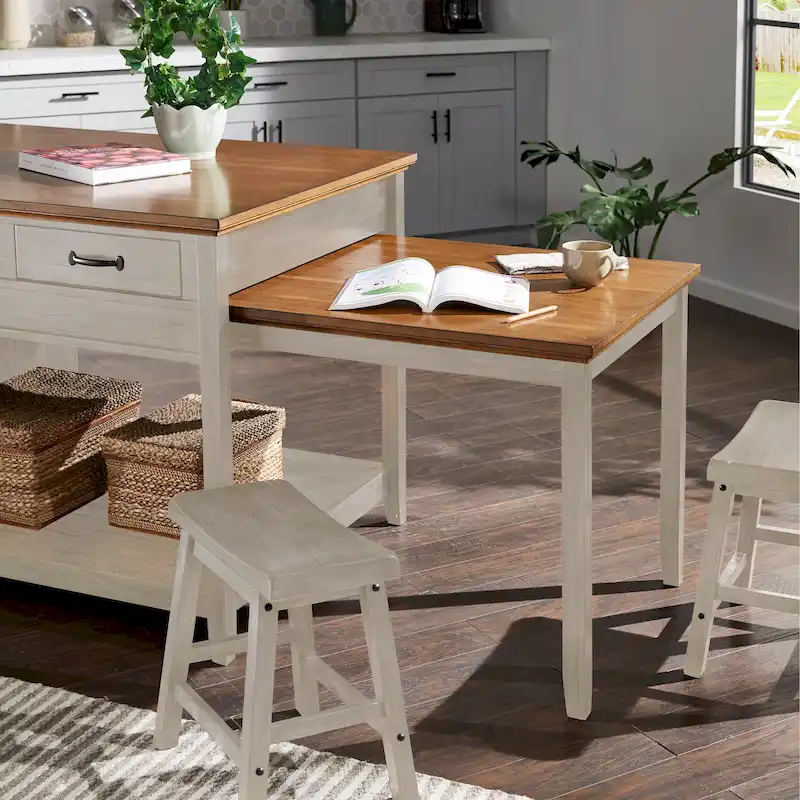Two-Tone Antique Finish Extendable Kitchen Island with 3 Drawers