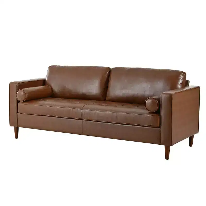 Whisen PU Leather 3-Seat Sofa, Mid-Century Modern Sofa Couch with Tufted Design, Solid Wood Legs, 2 Bolster Pillows