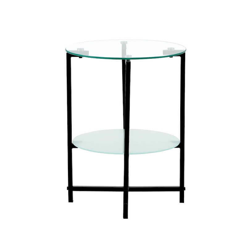 2-layer Round Tempered Glass End Table/Coffee Table with Iron Frame