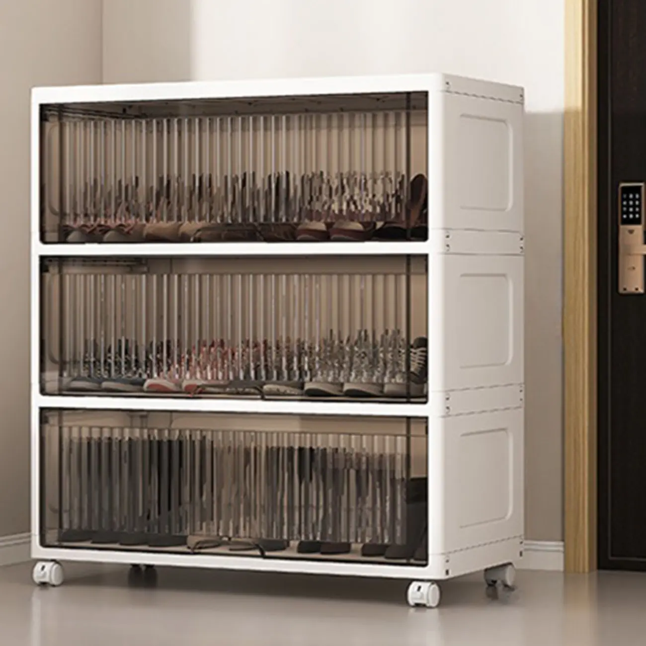 Hallway White Plastic Drop-Front Shoe Cabinet with Casters